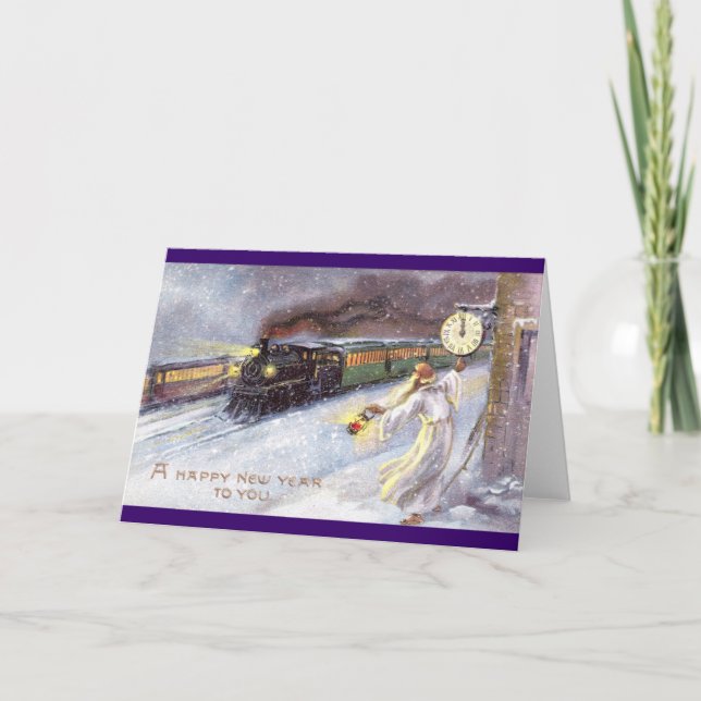 Father Time & Train Vintage New Year Holiday Card (Front)