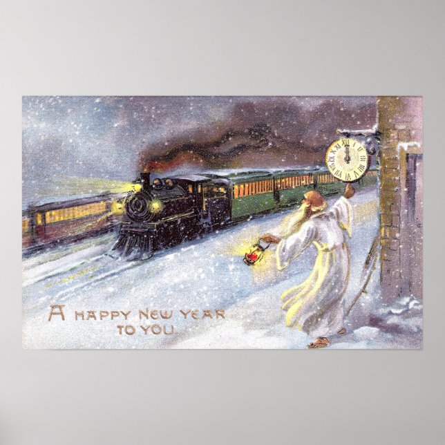 Father Time & Train Vintage New Year Poster (Front)