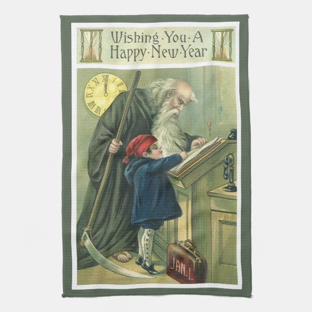 Father Time Wishing You a Happy New Year Kitchen Towel (Vertical)