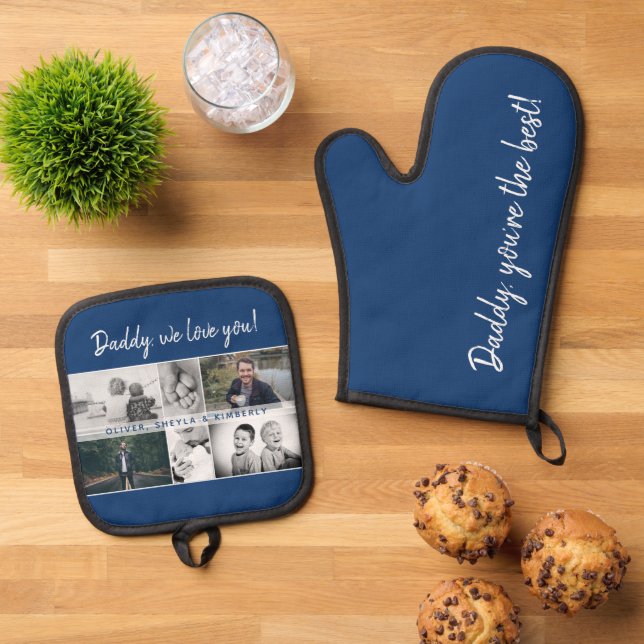 Father with Kids and Family Dad Collage Oven Mitt & Pot Holder Set (Top Down)