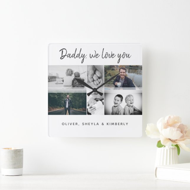 Father with Kids and Family Dad Collage Square Wall Clock (Home)