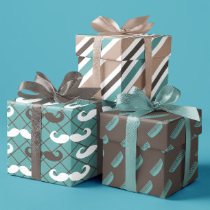 Father's Brown & Teal Moustache & Comb  set of 3 Wrapping Paper Sheet