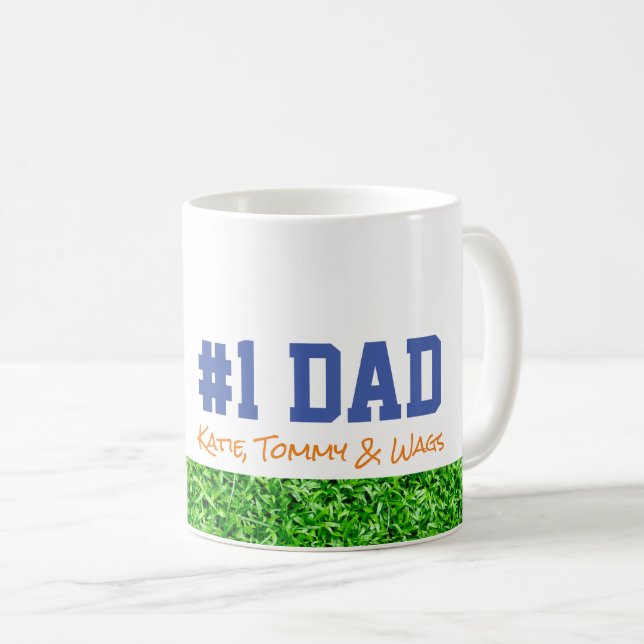 Fathers Day #1 DAD Kids Names Grass Fun Coffee Mug (Front Right)