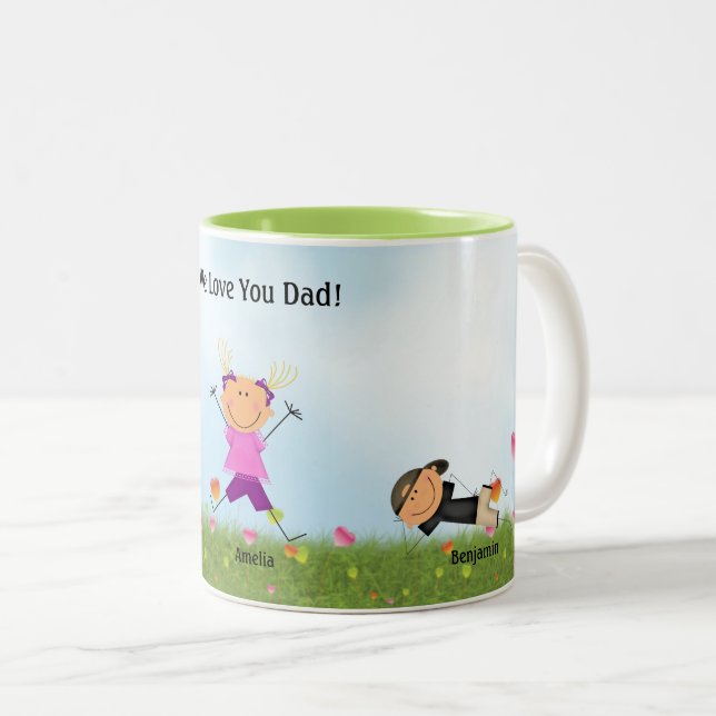 Father's Day 2 Boys 1 Girl Stick Kids  Mug (Front Right)