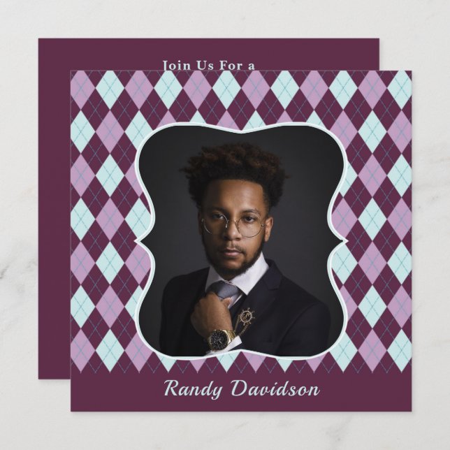 Fathers Day Add Photo Purple Argyle Dinner Party Invitation (Front/Back)