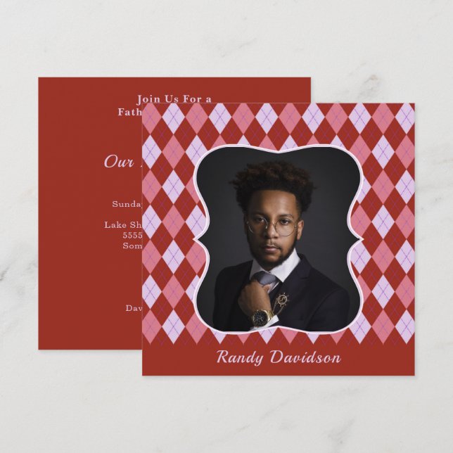 Fathers Day Add Photo Red Pink Argyle Dinner Party Invitation (Front/Back)