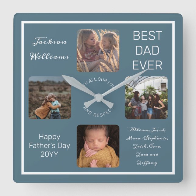 Fathers Day Best Dad Ever Blue Four Photo Square Wall Clock (Front)