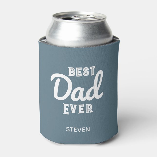 Fathers Day Best Dad Ever Dusty Blue Personalized Can Cooler (Can Front)