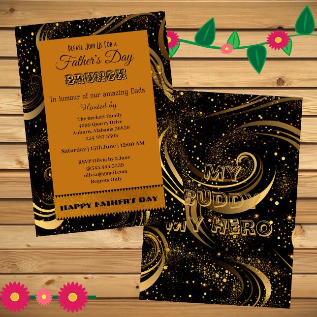 Father's Day Brunch Gold Curls Leafy Swirls Party Invitation (Father's Day Brunch Gold Curls Leafy Swirls Party Invitation)