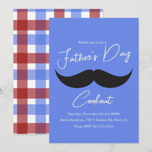 Father's Day Cookout Moustache Blue Plaid Invitation