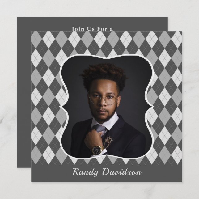 Fathers Day Custom Photo Grey Argyle Dinner Party Invitation (Front/Back)