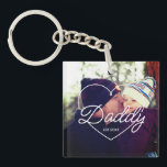 Father's Day Custom Photo Heart Daddy Script Font Keychain<br><div class="desc">Personalized Father's Day gift for your dad to celebrate Father's Day. Whether it's for a new dad, stepdad, old and classic dad, or dad-to-be, the custom text function will get you covered. You can change the text to your desired wording and upload your own custom photo. Get something memorable and...</div>