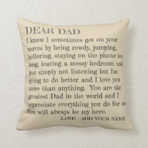 Father's Day Dear Dad Typography Letter Customized Throw Pillow