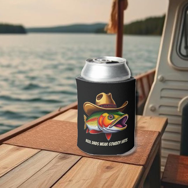 Fathers Day Funny Fish Wearing a Cowboy Hat Can Cooler (Funny Father's Day Can Cooler-Trout Wearing a Cowboy Hat-Reel Dad's Wear Cowboy Hats)