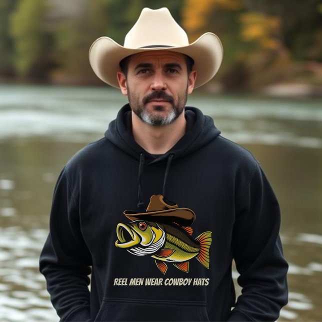 Fathers Day Funny Fish Wearing a Cowboy Hat Hoodie (Bass Fish with a Cowboy Hat Funny Hoodie for men, Fisherman, Country Cowboys)