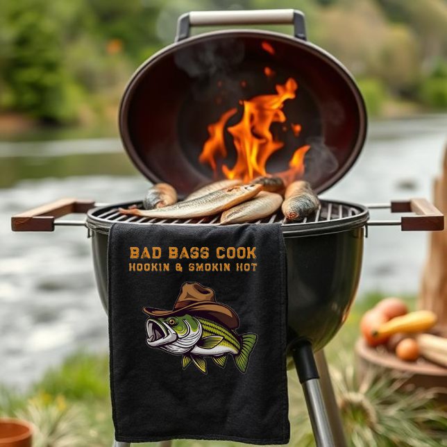 Fathers Day Funny Fish wearing a Cowboy Hat   Kitchen Towel (Funny Gift for Him-Fathers Day Gift-Bass Fish Wearing a Cowboy Hat-Fisherman Core-Gifts for Him)
