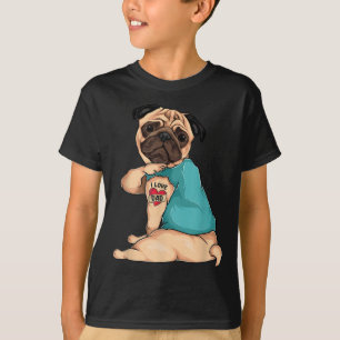 Fathers Day Gift Funny Dog Pug I Love Dad Tattoo T-Shirt