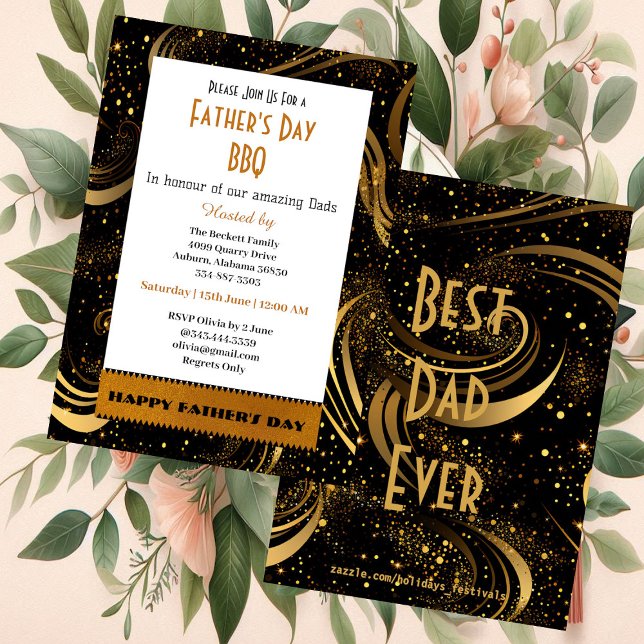 Father's Day Gold Leafy Swirls Fun Curls BBQ Party Invitation (Father's Day Gold Leafy Swirls Fun Curls BBQ Party Invitation)