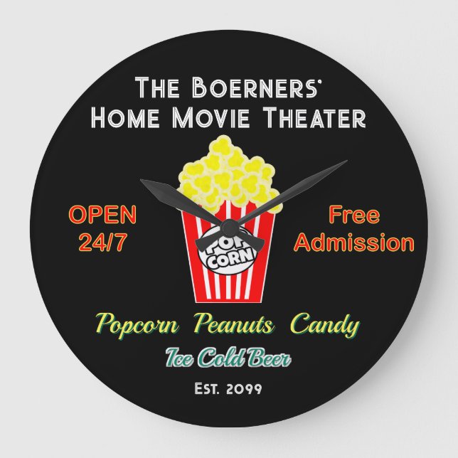 Father's Day Home Movie Theatre Open 24/7  Large Clock (Front)
