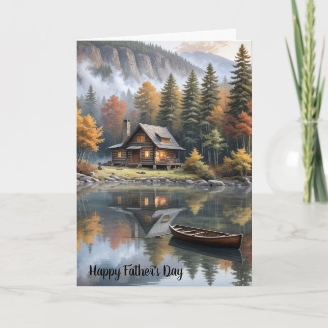 Father's Day Mountain Log Cabin With Rowboat Card (Front)
