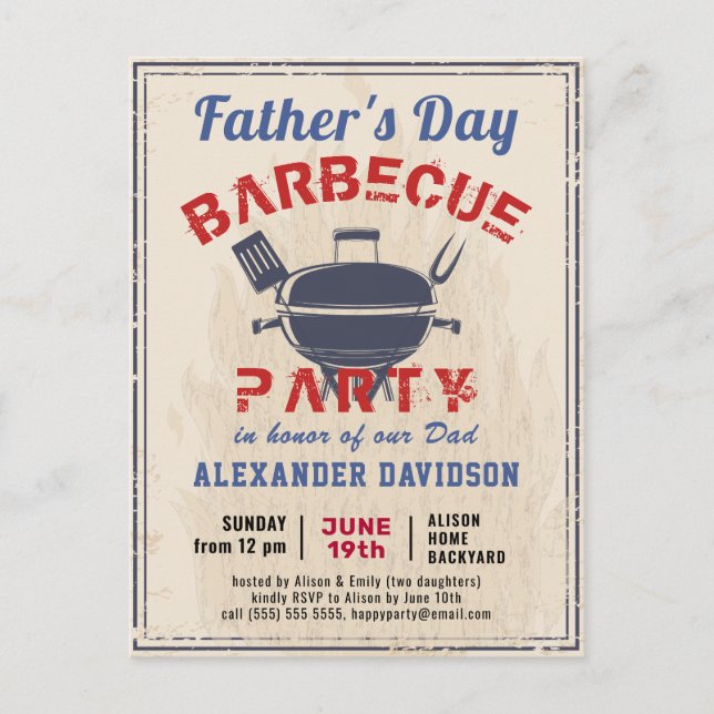 Father's Day Photo Vintage BBQ Party Invitation Postcard (Front)