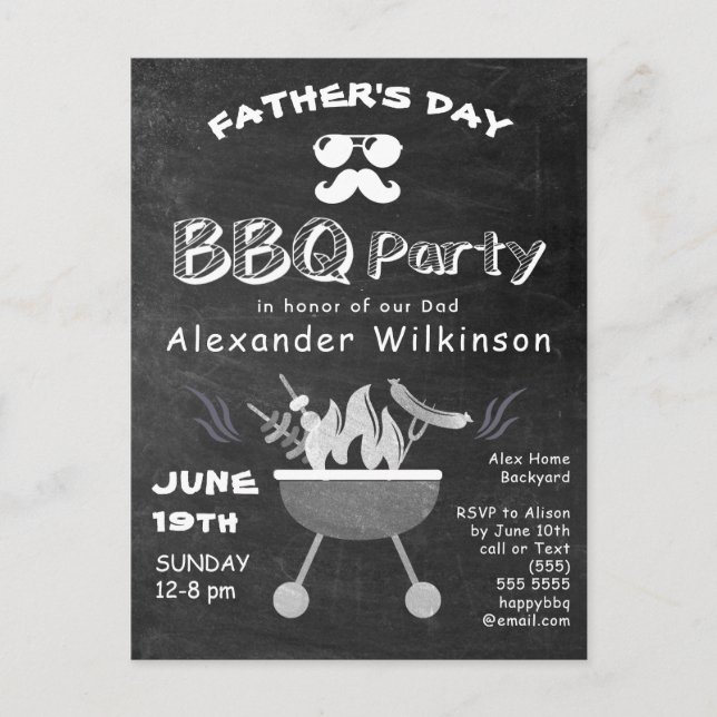 Father's Day Rustic Chalkboard BBQ Invitation Postcard (Front)