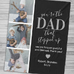 Father's Day Step dad Photo Fleece Blanket<br><div class="desc">Stylish black stepdad blanket featuring 4 photos of the kids,  the message "you're the dad that stepped up",  a personalized message that you can keep or change to your own,  a cute heart,  and your childrens names.</div>