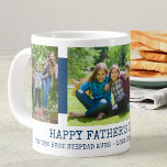 Fathers Day Stepdad 3 Photo Blue Large Coffee Mug<br><div class="desc">Personalized Fathers Day Mug for stepdad. This photo mug has a coastal blue and white design with trendy typewriter typography. The photo template is ready for you to add 3 of your family pictures (2x portrait and 1x landscape will be easiest to work with). You can also customize the wording...</div>