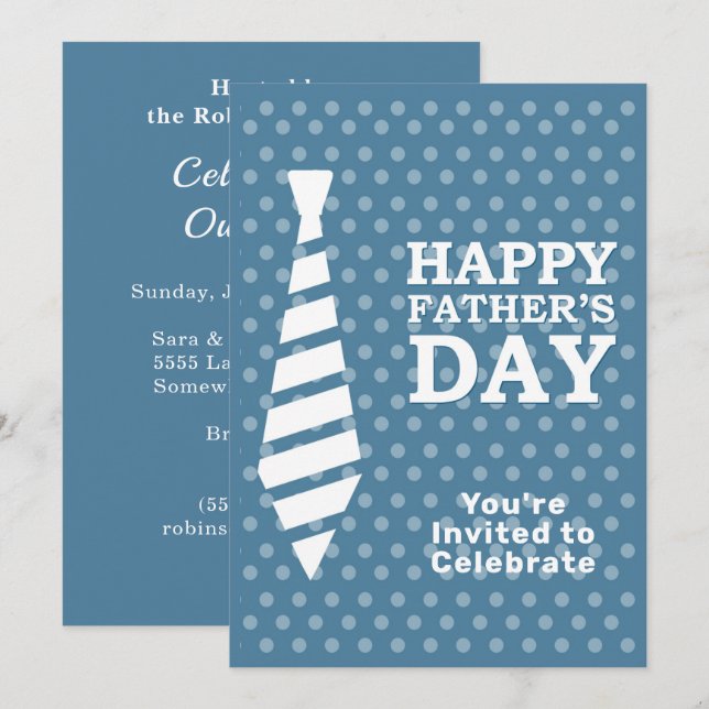 Fathers Day White Tie Light Blue Dots Dinner Party Invitation (Front/Back)