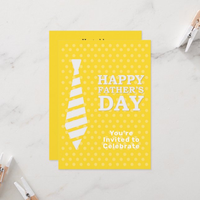 Fathers Day White Tie Yellow Dots Dinner Party Invitation (Front/Back In Situ)