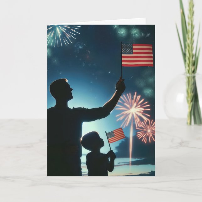 Father's Day With Fireworks and American Flags Card (Front)