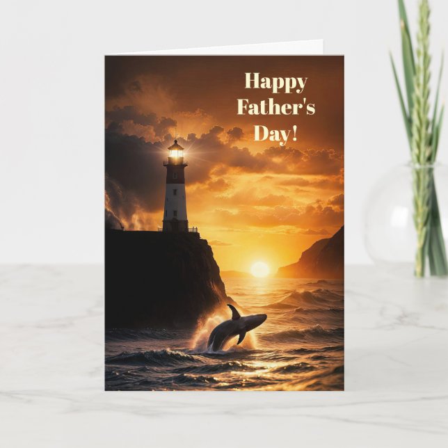 Fathers Day with Lighthouse Whale Sunset Ocean Card (Front)