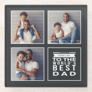 Father's Day World's Best Dad 3-Photo Collage Grey Glass Coaster