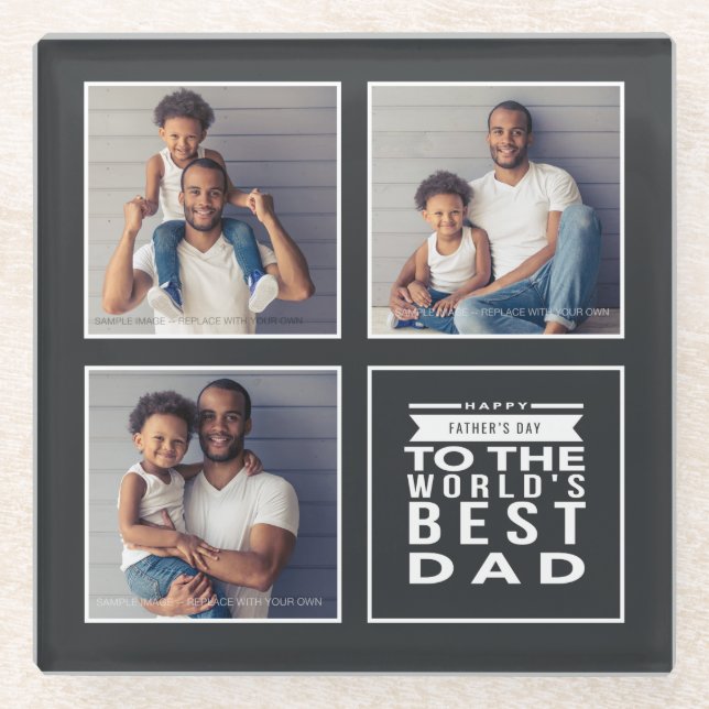 Father's Day World's Best Dad 3-Photo Collage Grey Glass Coaster (Front)