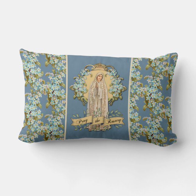 Fatima Virgin Mary Blue Floral Rosary  Lumbar Pillow (Back)