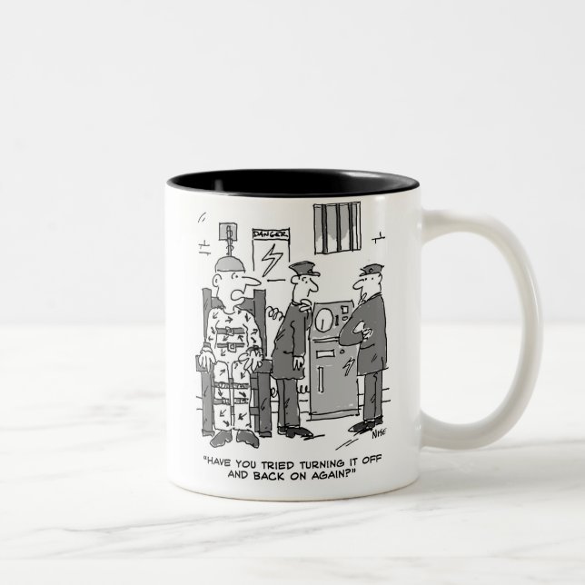 Faulty Electric Chair Cartoon - Funny Two-Tone Coffee Mug (Right)