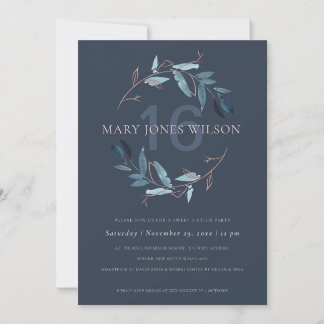 FAUNE ROSE BLEU MARINE WREATH SWEET 16 CARTE D'ANN (Devant)