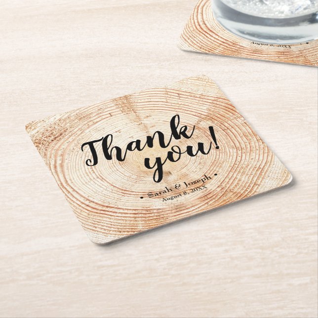 Faux 2Wood Grain Rustic Wedding Thank You Favour Square Paper Coaster (Angled)