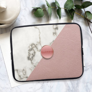 Faux 3D Blush Pink Leather Marble Monogram Laptop Sleeve
