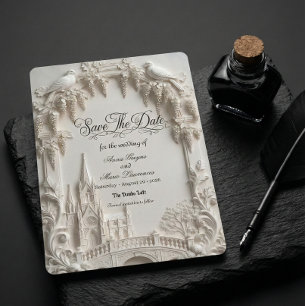 Faux 3D Embossed Relief Cream Baroque Cathedral Save The Date