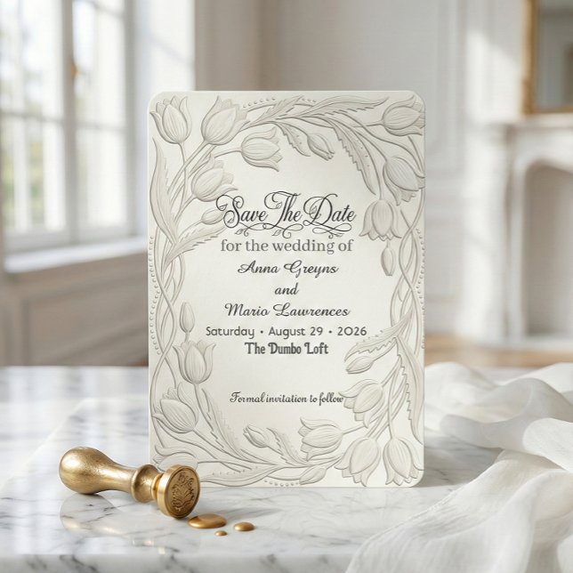 Faux 3D Embossed Tulip Floral Relief Save The Date (Creator Uploaded)