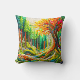 Faux 3D Embroidered Modern Art Forest Landscape Throw Pillow