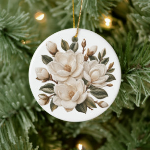 Faux 3D Embroidered White Magnolia Illustration Ceramic Ornament