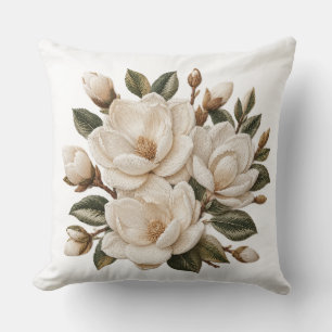 Faux 3D Embroidered White Magnolia Illustration Throw Pillow