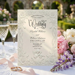Faux 3D Plaster Effect Floral Angel Wedding Invitation