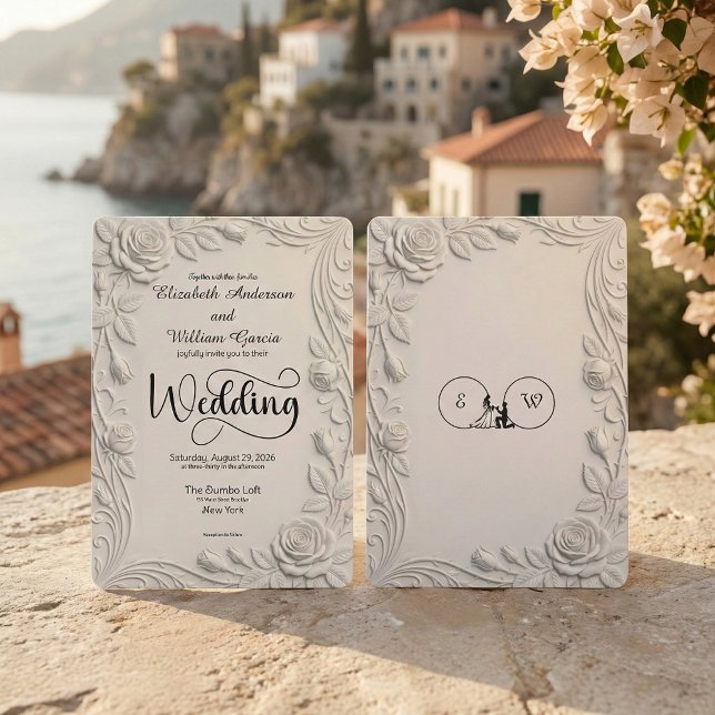 Faux 3D Sculpted Floral Bas Relief Ivory  Wedding Invitation (Creator Uploaded)