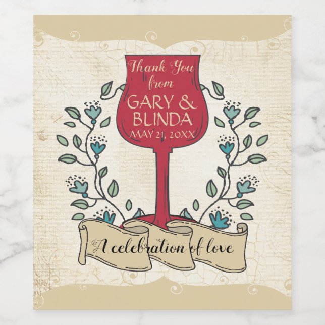 Faux aged paper doodle wine glass laurel wedding wine label (Single Label)