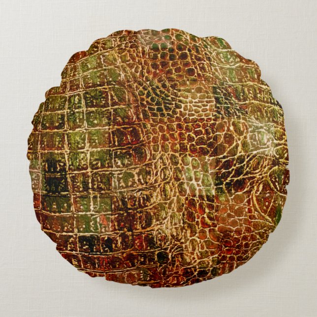 Faux Alligator Animal Skin Leather Red Brown Round Pillow (Front)