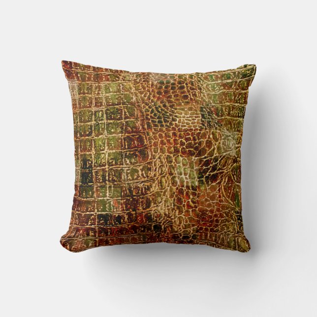 Faux Alligator Animal Skin Leather Red Brown Throw Pillow (Front)