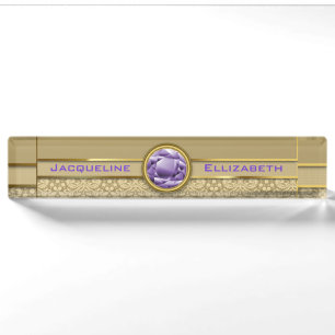 Faux Amethyst Gemstone Metallic Shiny Gold Damask Nameplate